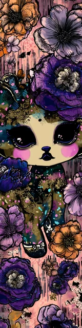 Free kawaii cats bookmark featuring an orange and purple kitty cat with big flowers